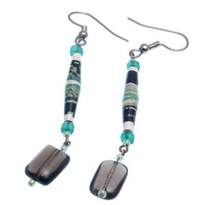 A pair of dangle earrings made from recycled paper