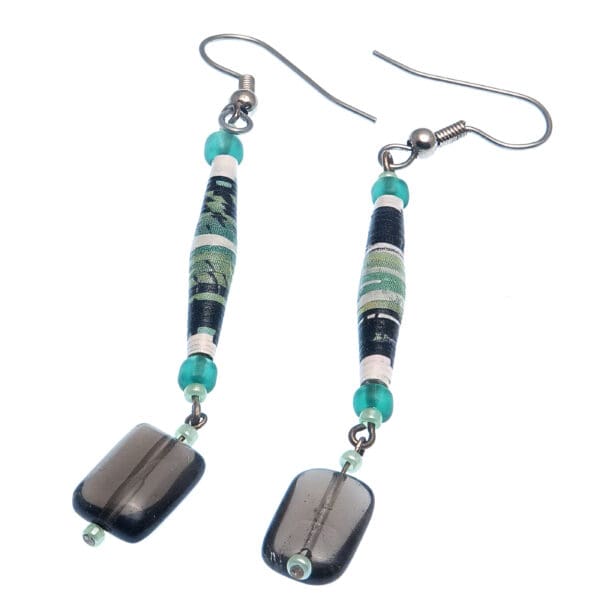 A pair of dangle earrings made from recycled paper